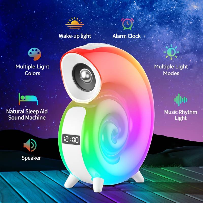 Lampa RGB Bluetooth forma de cochilie, Ceas cu alarma, lumina si sunet