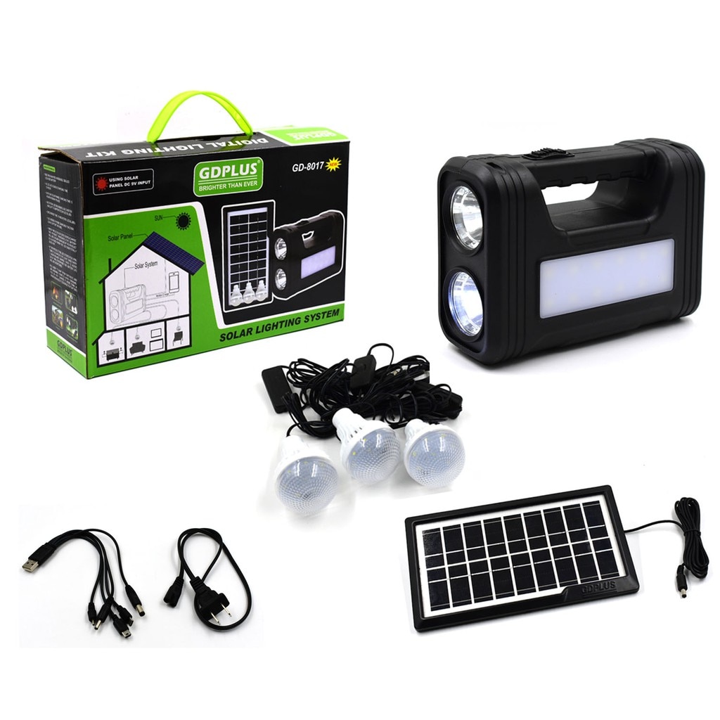 Kit cu panou solar, lanterna, 3 becuri, USB, GDLite GD-8017 - 1 | YEO