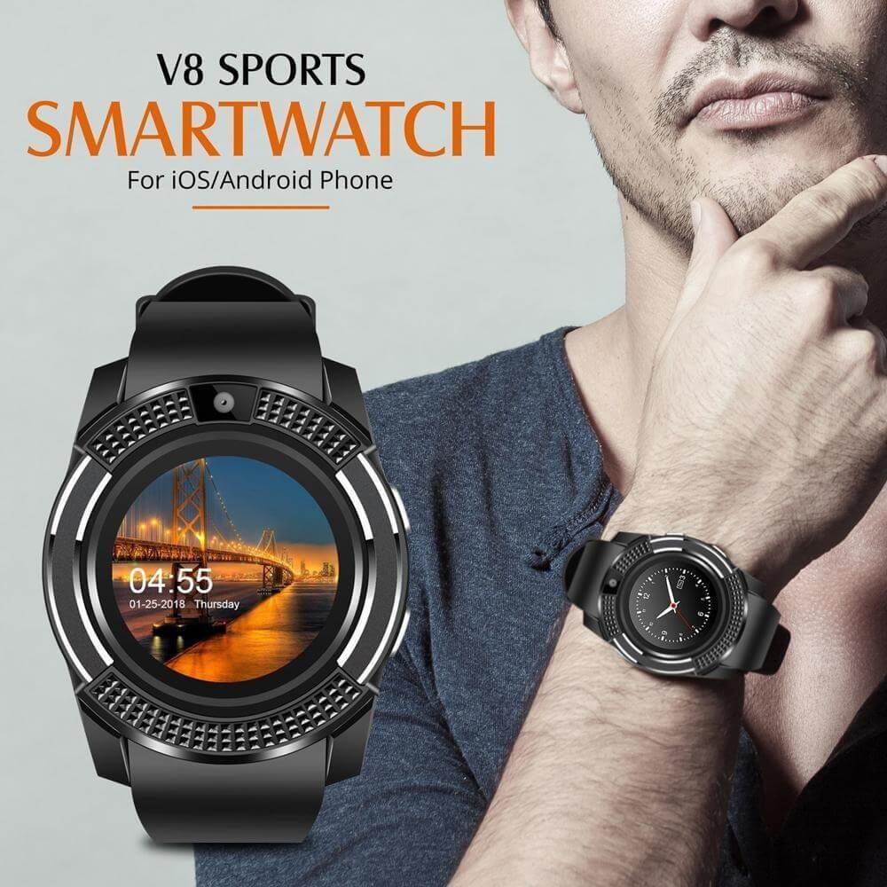 Ceas Smartwatch V8 cu functie apelare, SMS, camera, Bluetooth, Android, Negru - 1 | YEO