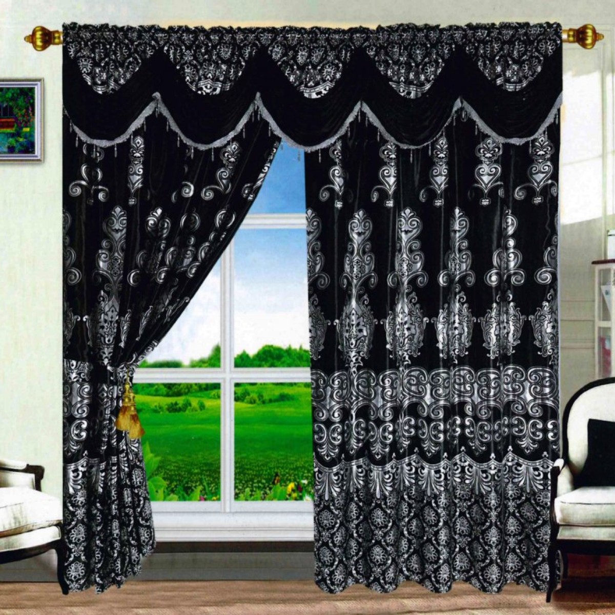 Set 2 draperii Jacquard, 300 x 250, Negru