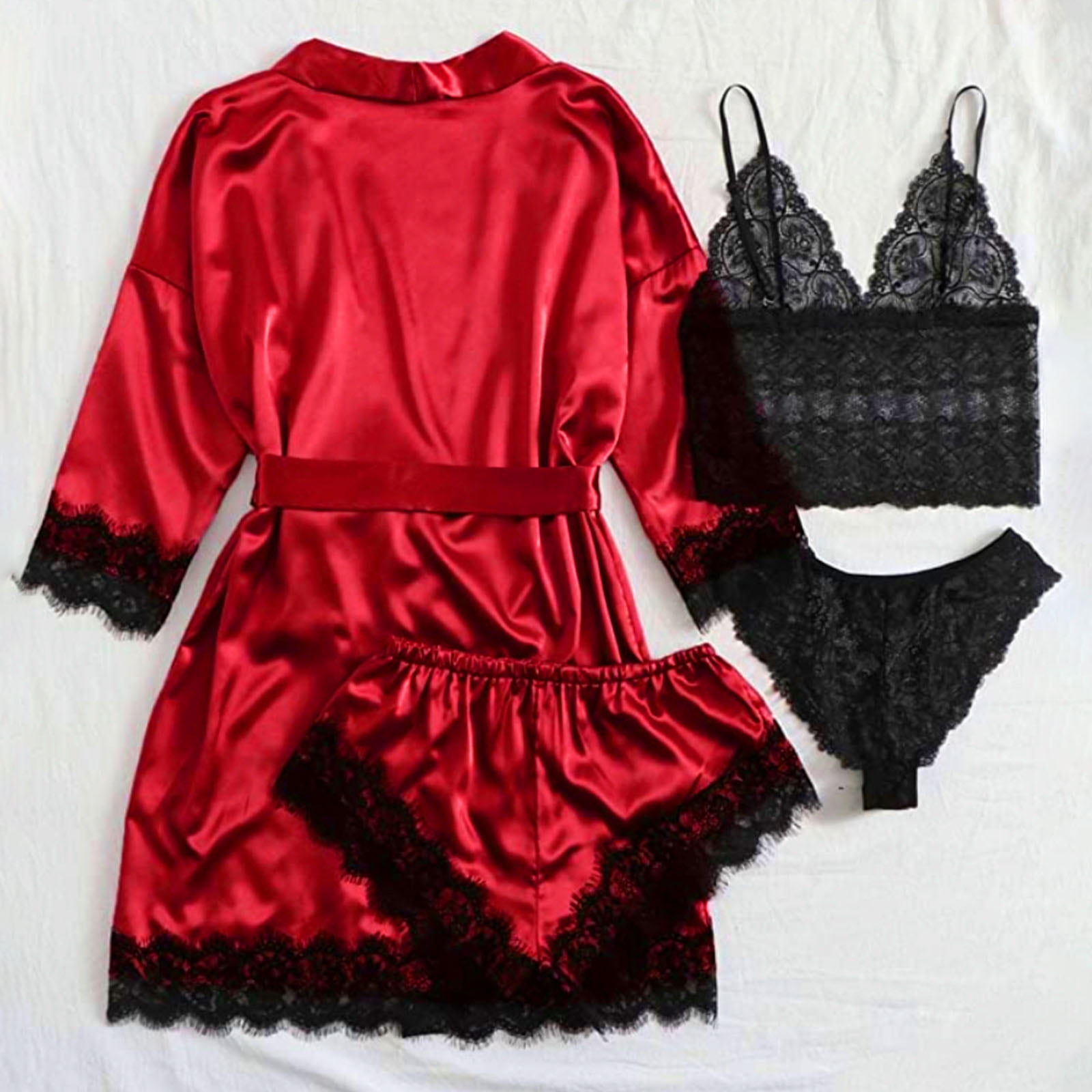 Set 4 piese, Pijama satin Dama, Rosu/Negru - 1 | YEO