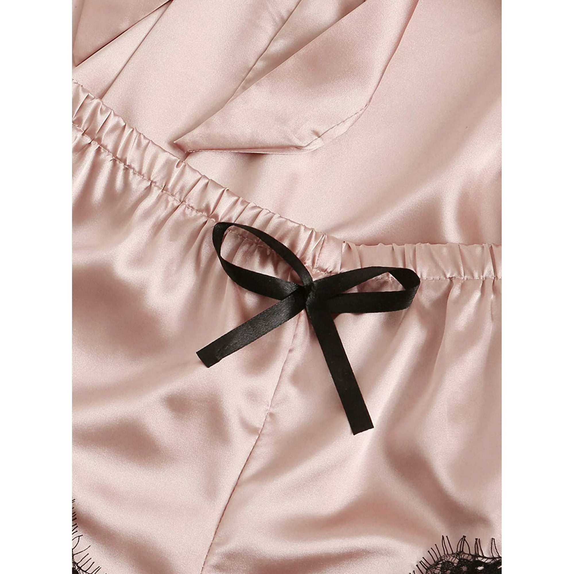 Set 4 piese, Pijama satin Dama, Roz/Negru - 2 | YEO