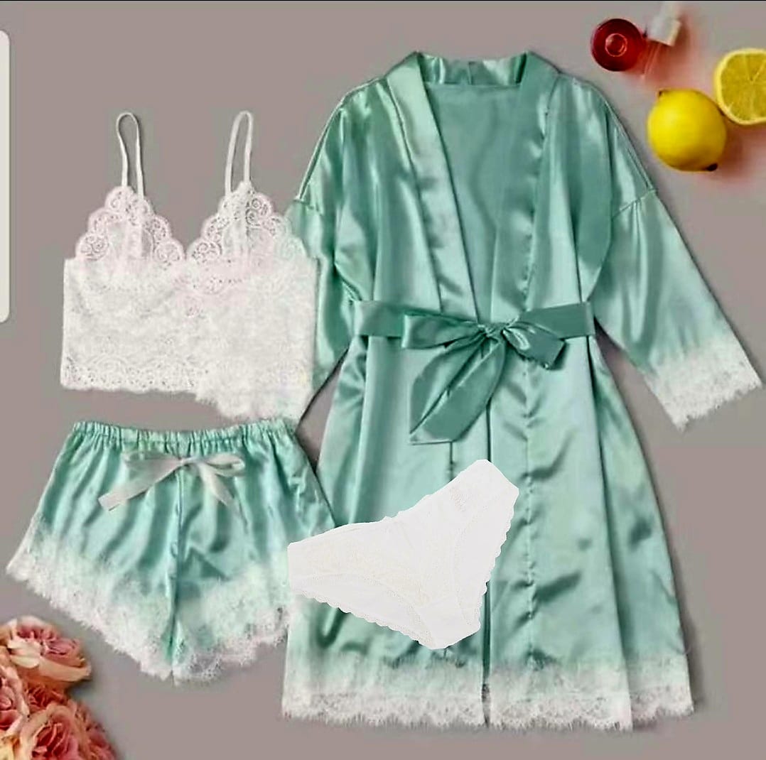 Set 4 piese, Pijama satin Dama, Verde/Alb - 2 | YEO