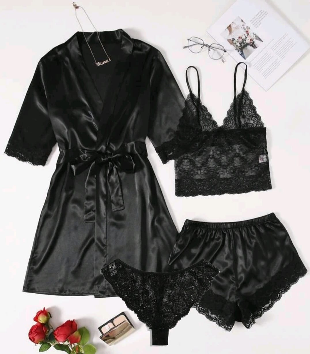 Set 4 piese, Pijama satin Dama, Negru