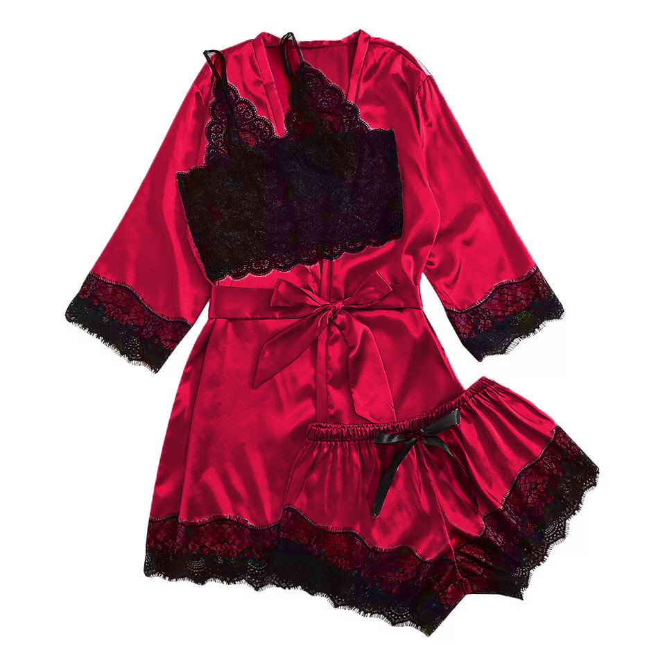 Set 3 piese, Pijama din satin si dantela, Rosu/Negru