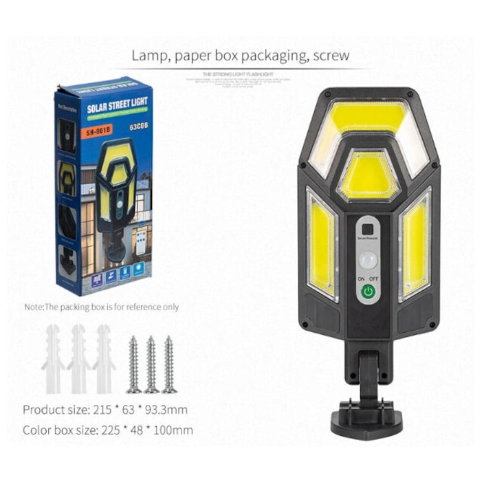 Lampa solara 63 LED COB, 50 W, Telecomanda, Senzor de miscare - 2 | YEO