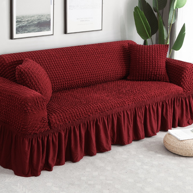 Chic Mania Husa elastica cu volane pentru canapea cu 3 locuri, grena
