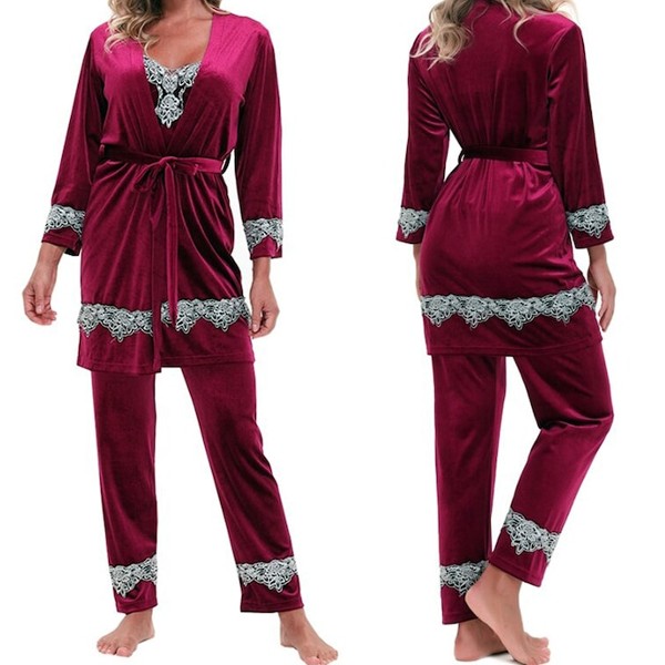 Set 4 piese, catifea, pijamale dama, Bordo - 2 | YEO