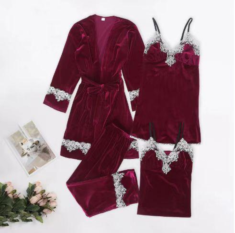 Set 4 piese, catifea, pijamale dama, Bordo - 1 | YEO