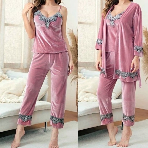 Set 4 piese, catifea, pijamale dama, Roz - 2 | YEO