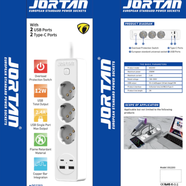 Set 2 x Prelungitor 2 prize, 2 USB, 2 USB-C, Jortan - 2 | YEO