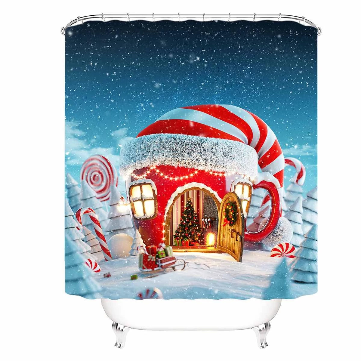 Set baie 4 piese: perdea, covorase si husa de toaleta, Christmas Home - 2 | YEO