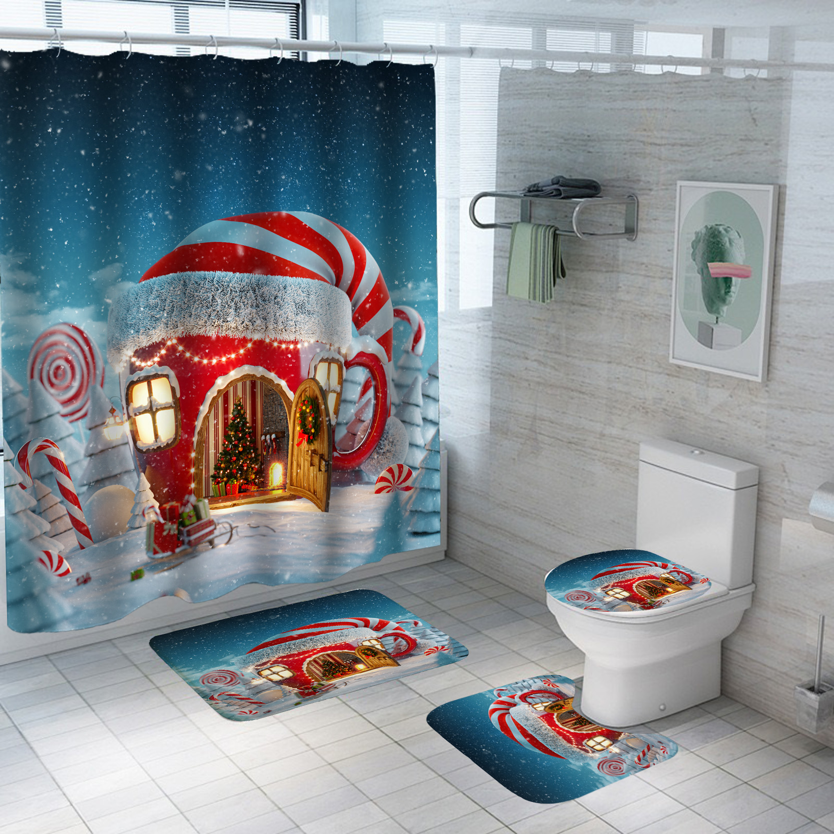 Set 4 piese baie: perdea, covorase si husa de toaleta, Christmas Home - 1 | YEO