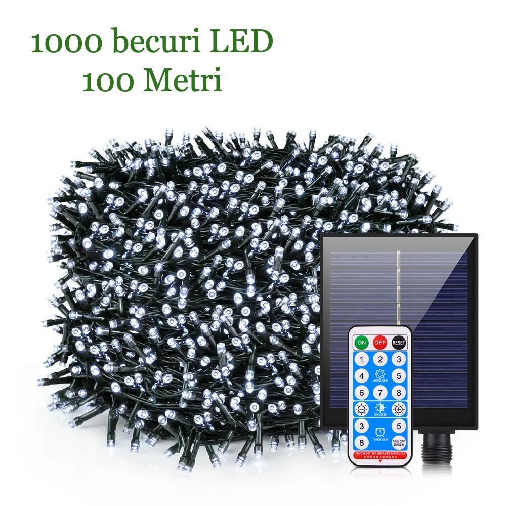 Instalatie solara 1000 LED, 100 Metri, Alb rece