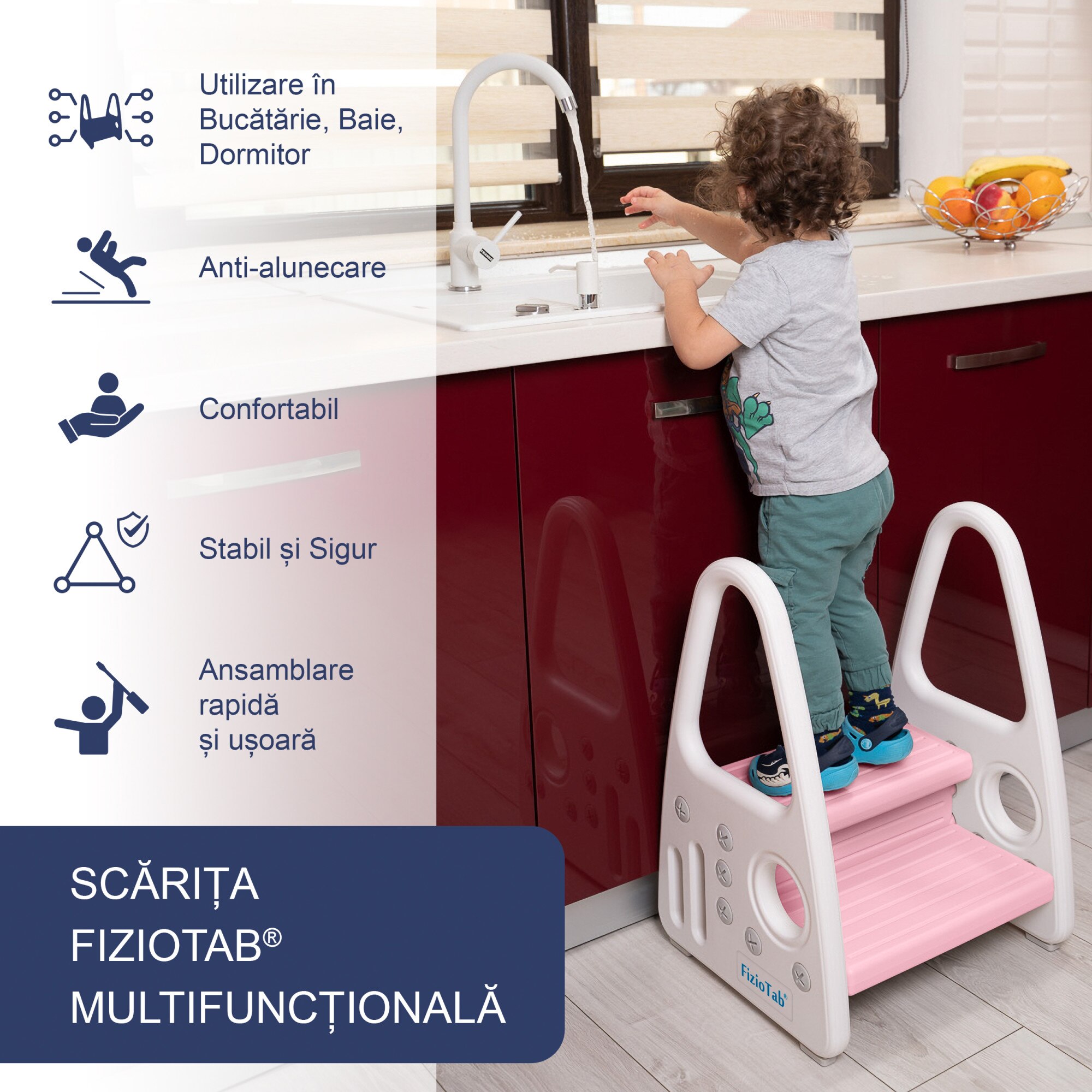 Inaltator cu manere pentru copii, suprafata antialunecare, Alb/Roz - 1 | YEO