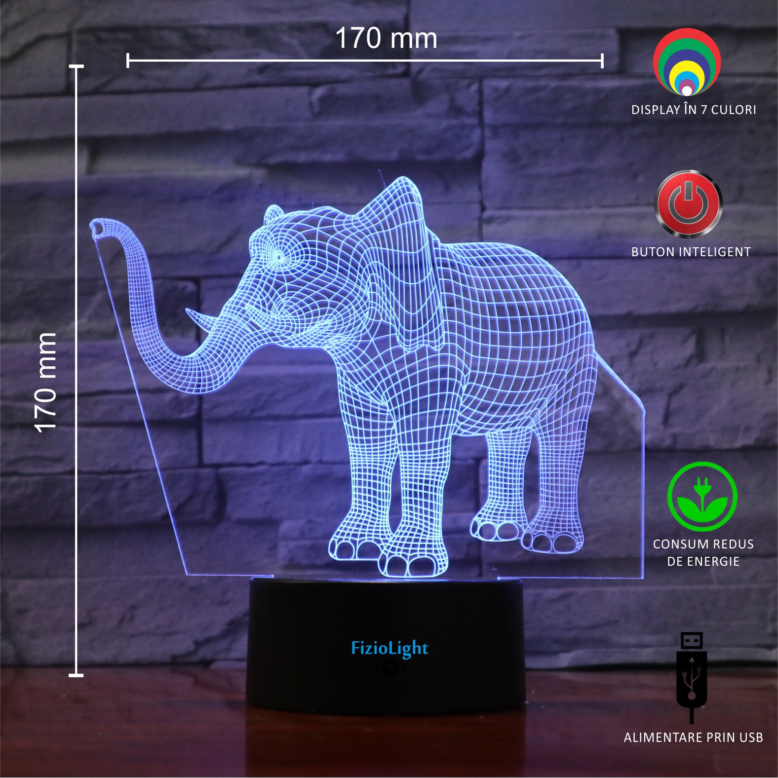 Lampa de veghe 3D, LED 7 culori, lumina ambientala - Elefant - 1 | YEO