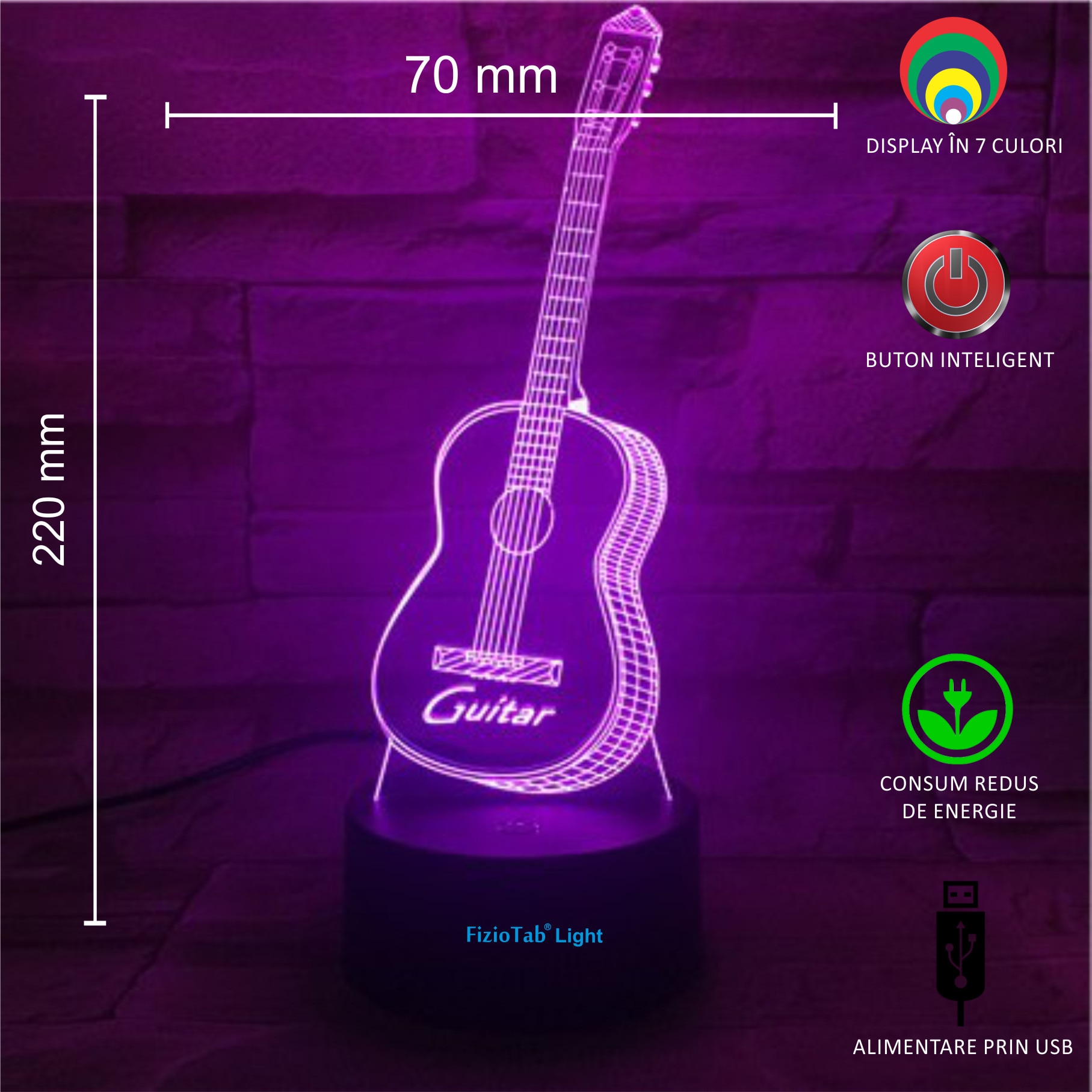 Lampa de veghe 3D, LED 7 culori, lumina ambientala - Chitara - 1 | YEO