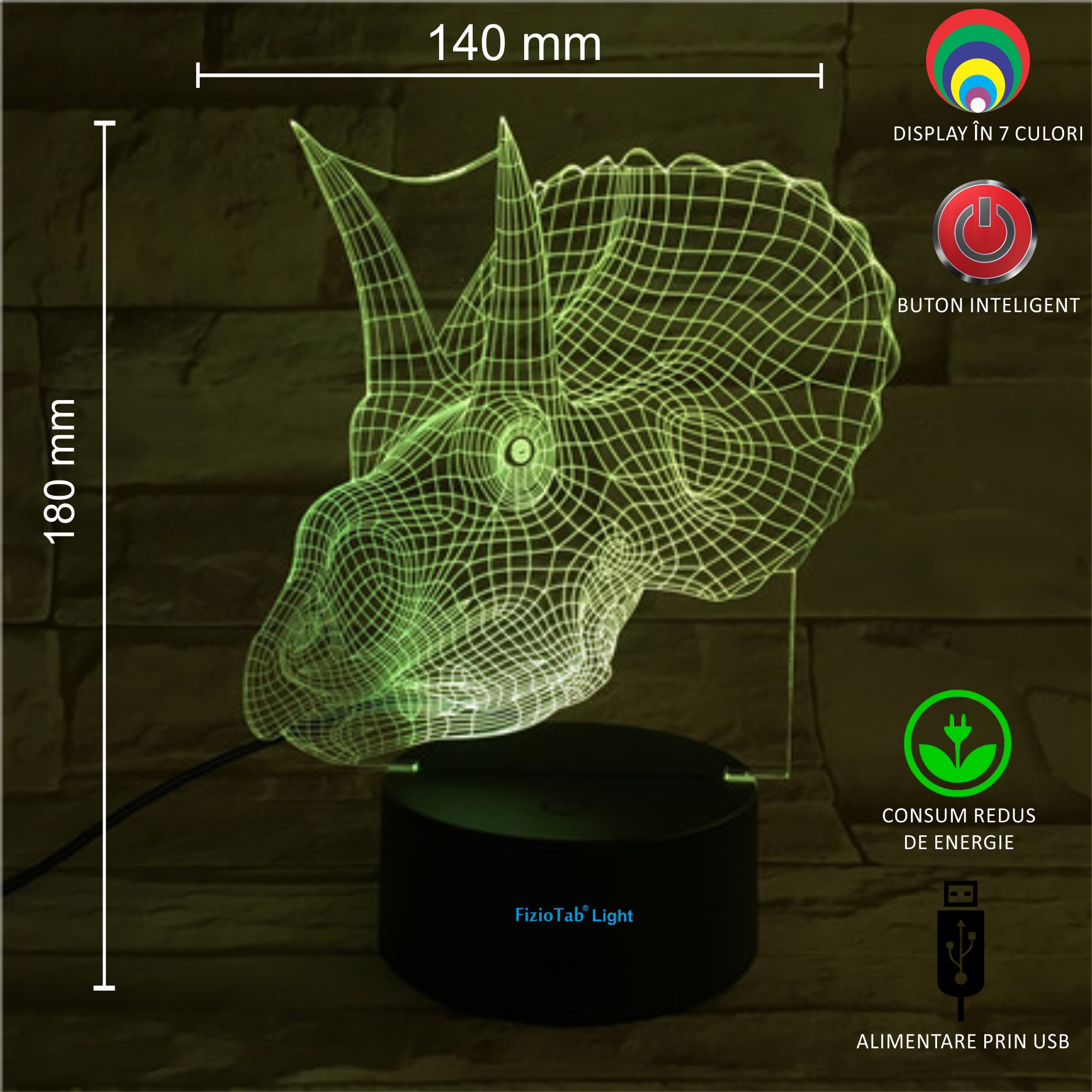 Lampa de veghe 3D, LED 7 culori, lumina ambientala - Centrosaurus - 1 | YEO