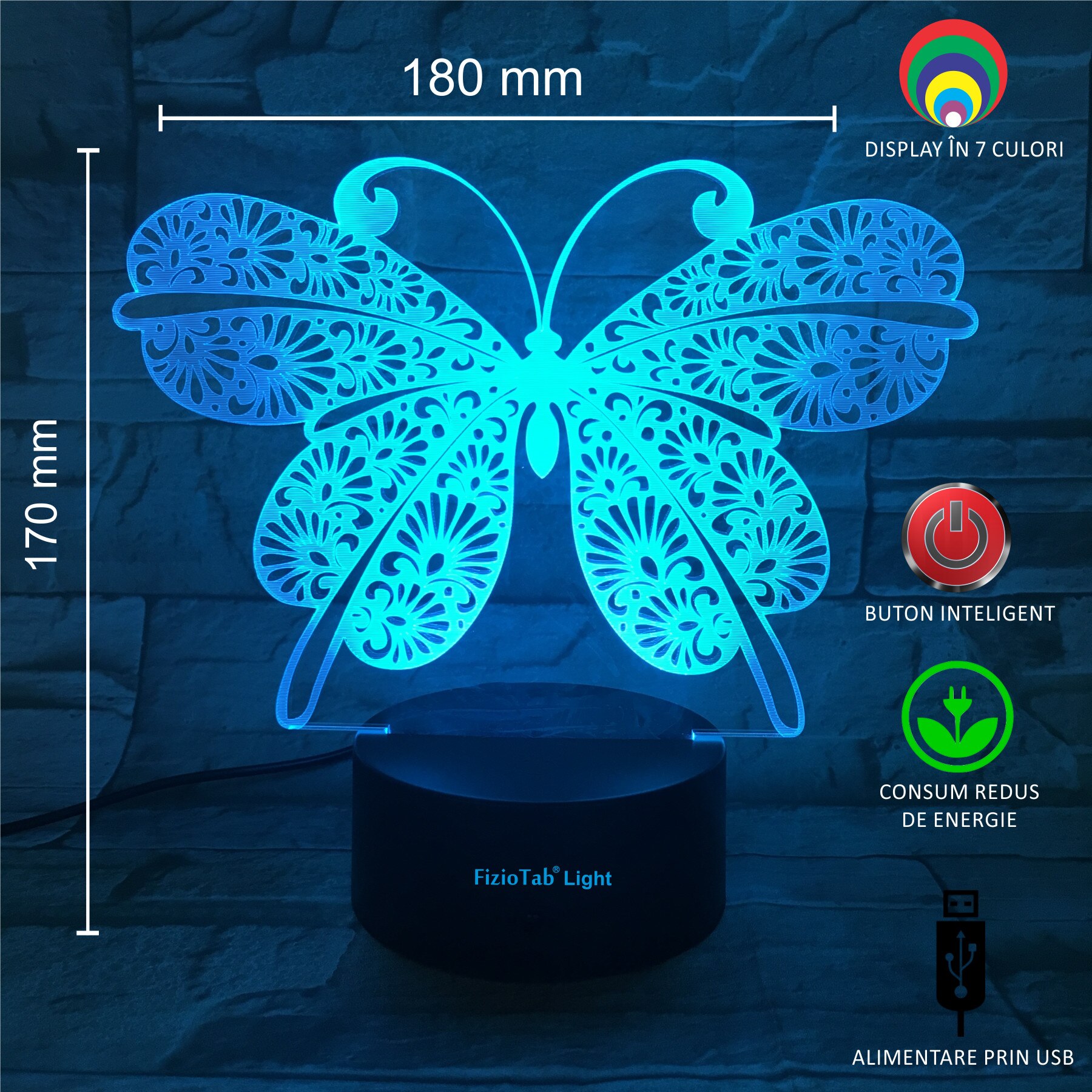 Lampa de veghe 3D, LED 7 culori, lumina ambientala - Fluture - 1 | YEO