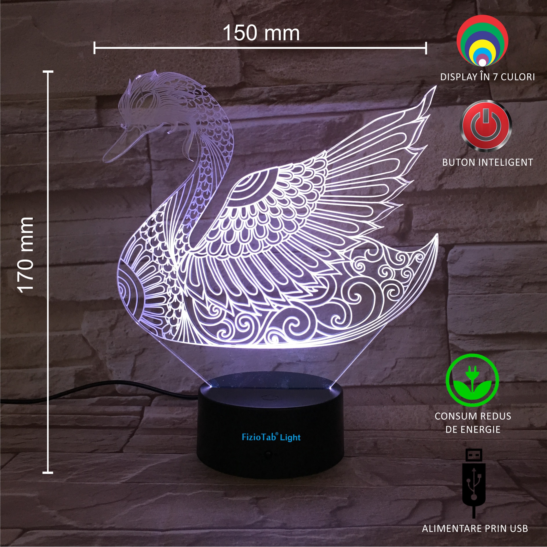 Lampa de veghe 3D, LED 7 culori, lumina ambientala - Lebada - 1 | YEO