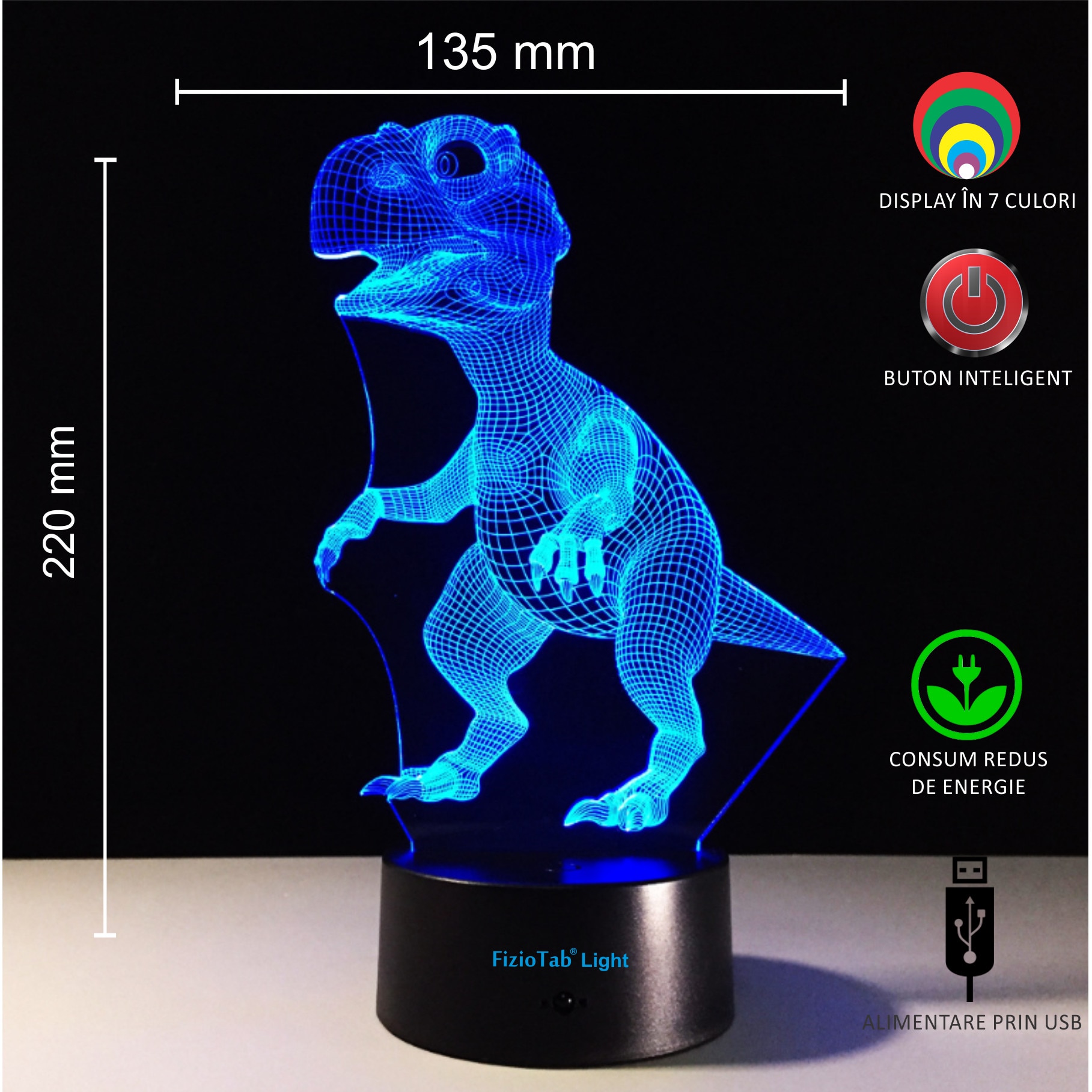 Lampa de veghe 3D, LED 7 culori, lumina ambientala - Dinozaur - 1 | YEO