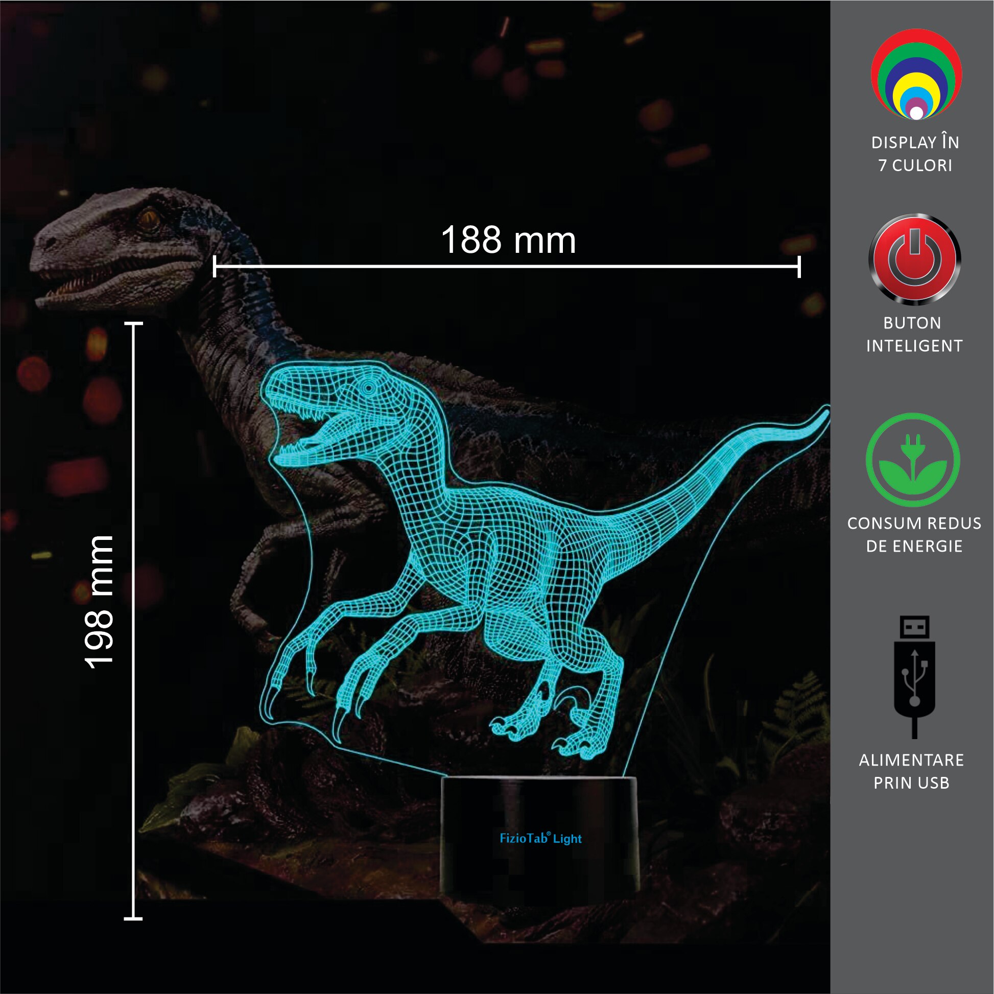 Lampa de veghe 3D, LED 7 culori, lumina ambientala - Velociraptor - 1 | YEO