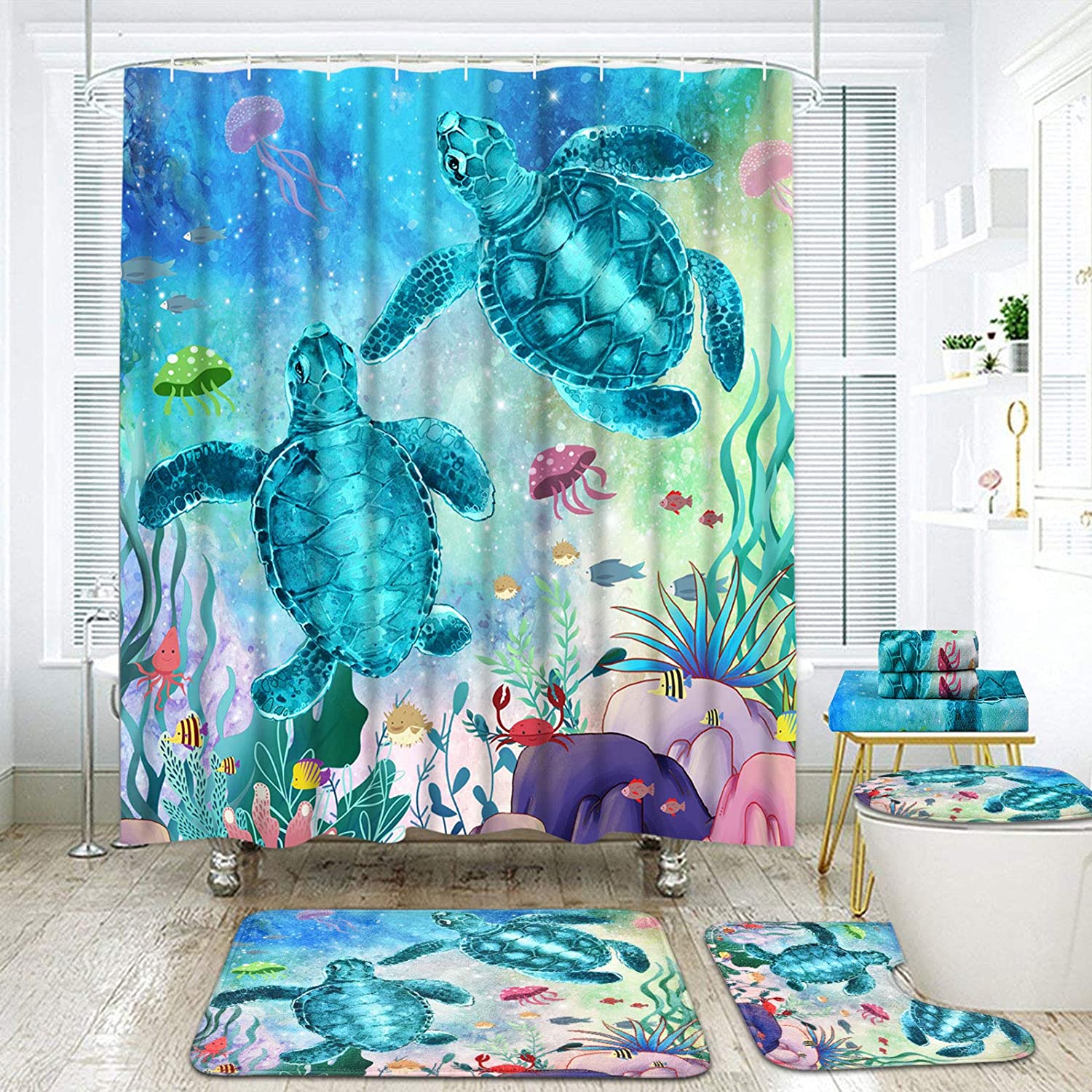 Set baie 4 piese: perdea, covorase si husa de toaleta, Two Turtles - 1 | YEO