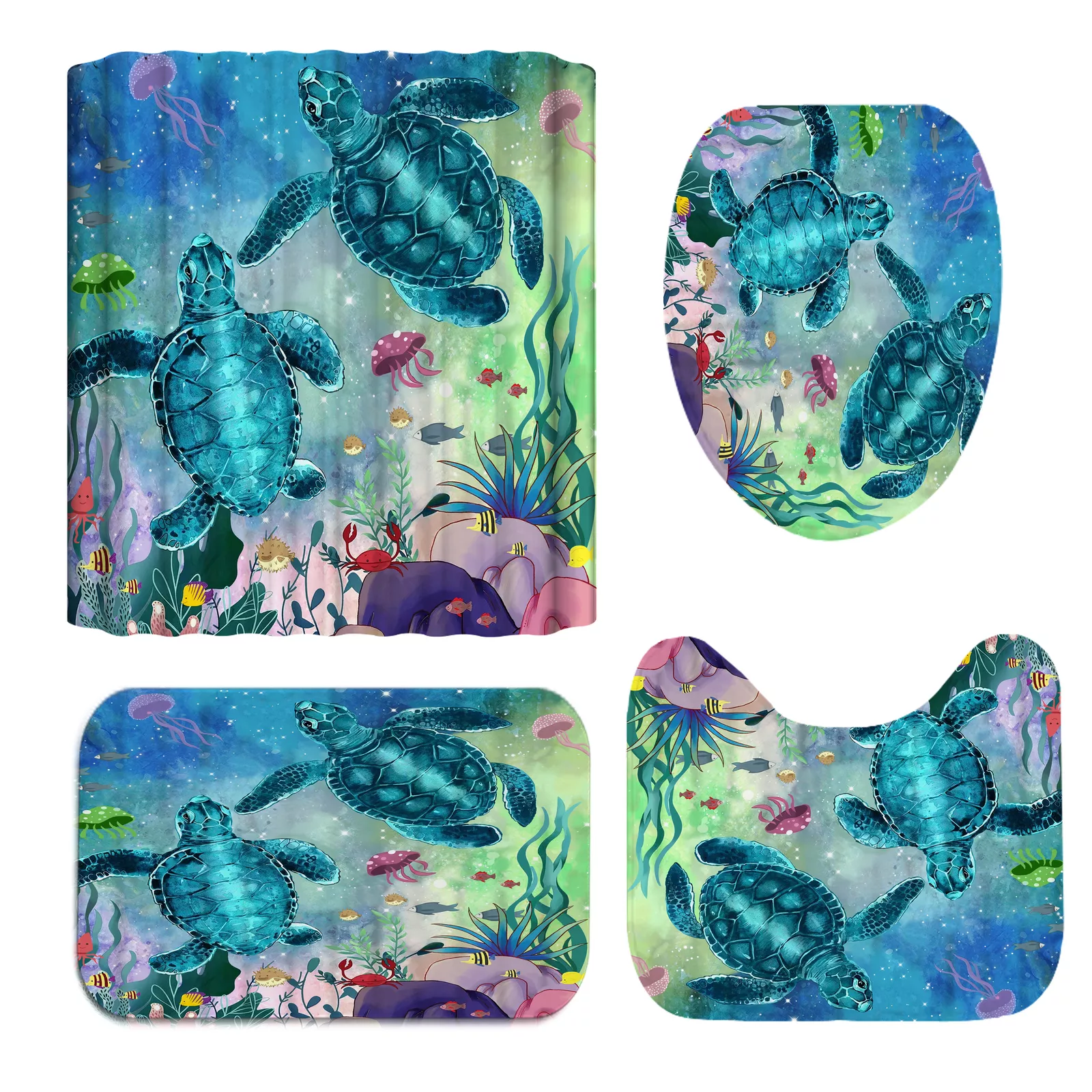 Set baie 4 piese: perdea, covorase si husa de toaleta, Two Turtles - 2 | YEO