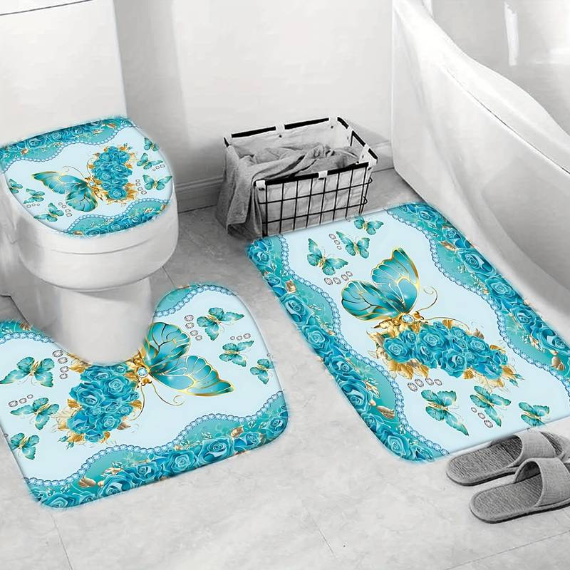 Set baie 4 piese: perdea, covorase si husa de toaleta, Turquoise Butterflies - 1 | YEO