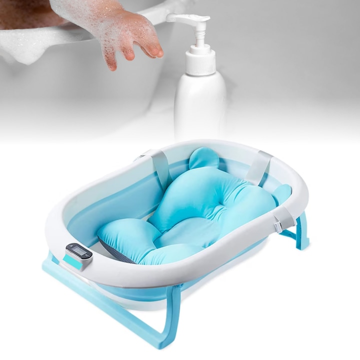 Cadita pliabila bebelusi cu termometru digital, Albastru - imagine 3