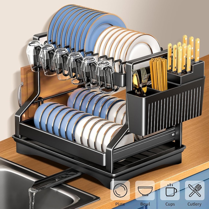 Scurgator vase 2 niveluri, suport tacamuri si pahare - imagine 3