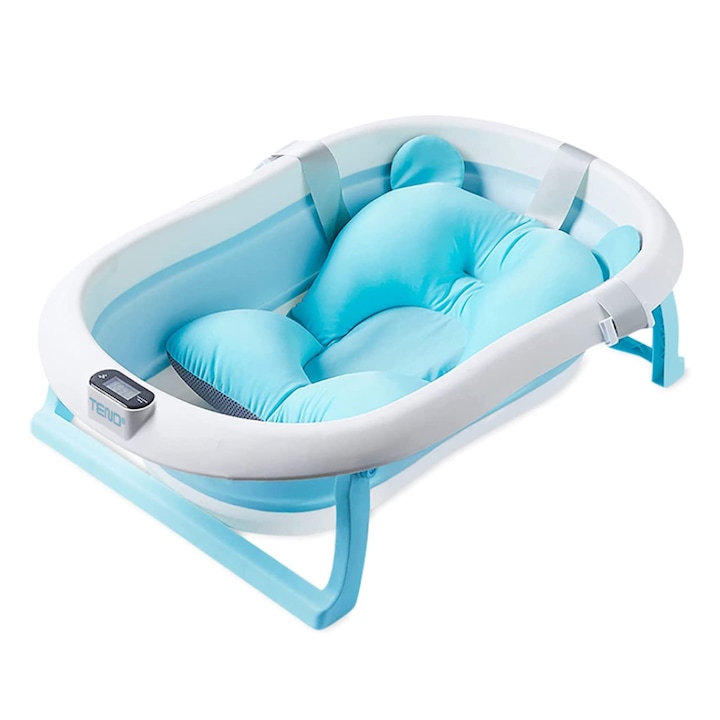 Cadita pliabila bebelusi cu termometru digital, Albastru - imagine 3