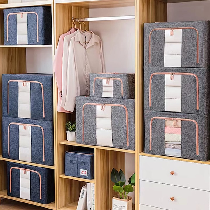 Set 3 cutii pliabile pentru depozitare, 24L, 66L, 100L, Gri - imagine 2