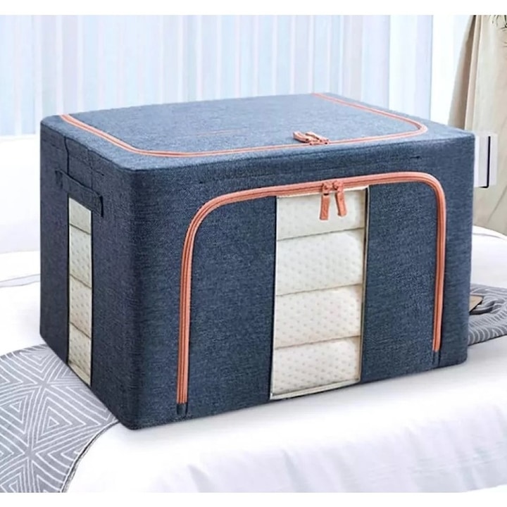 Set 3 cutii pliabile pentru depozitare, 24L, 66L, 100L, Albastru - imagine 3