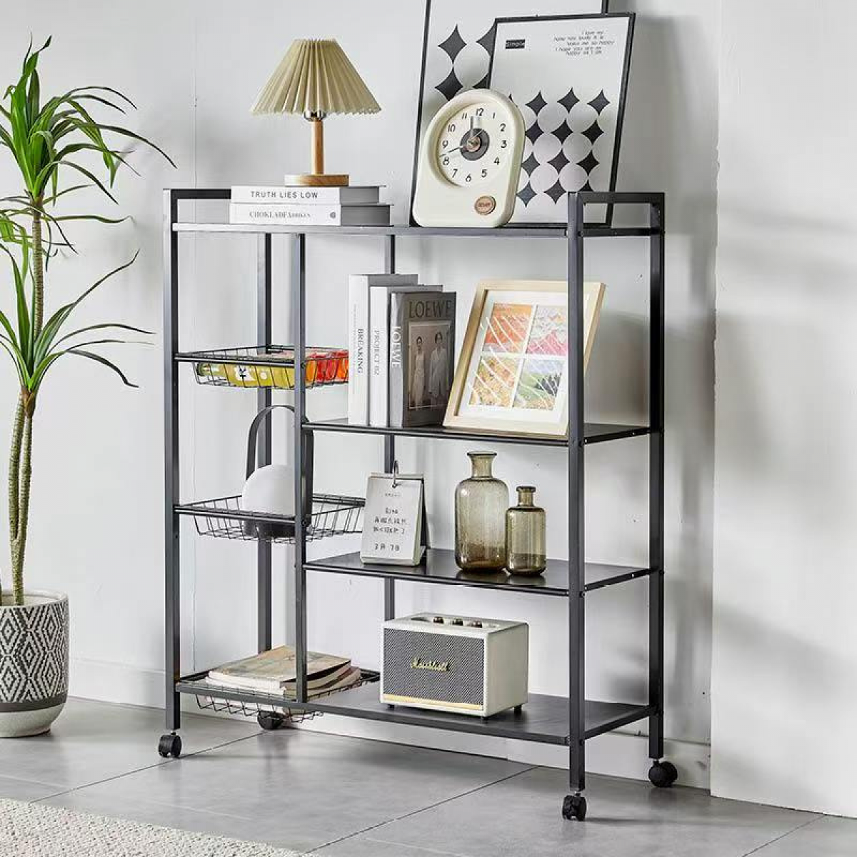 Raft metalic cu 4 polite, 108 cm, Negru - imagine 2