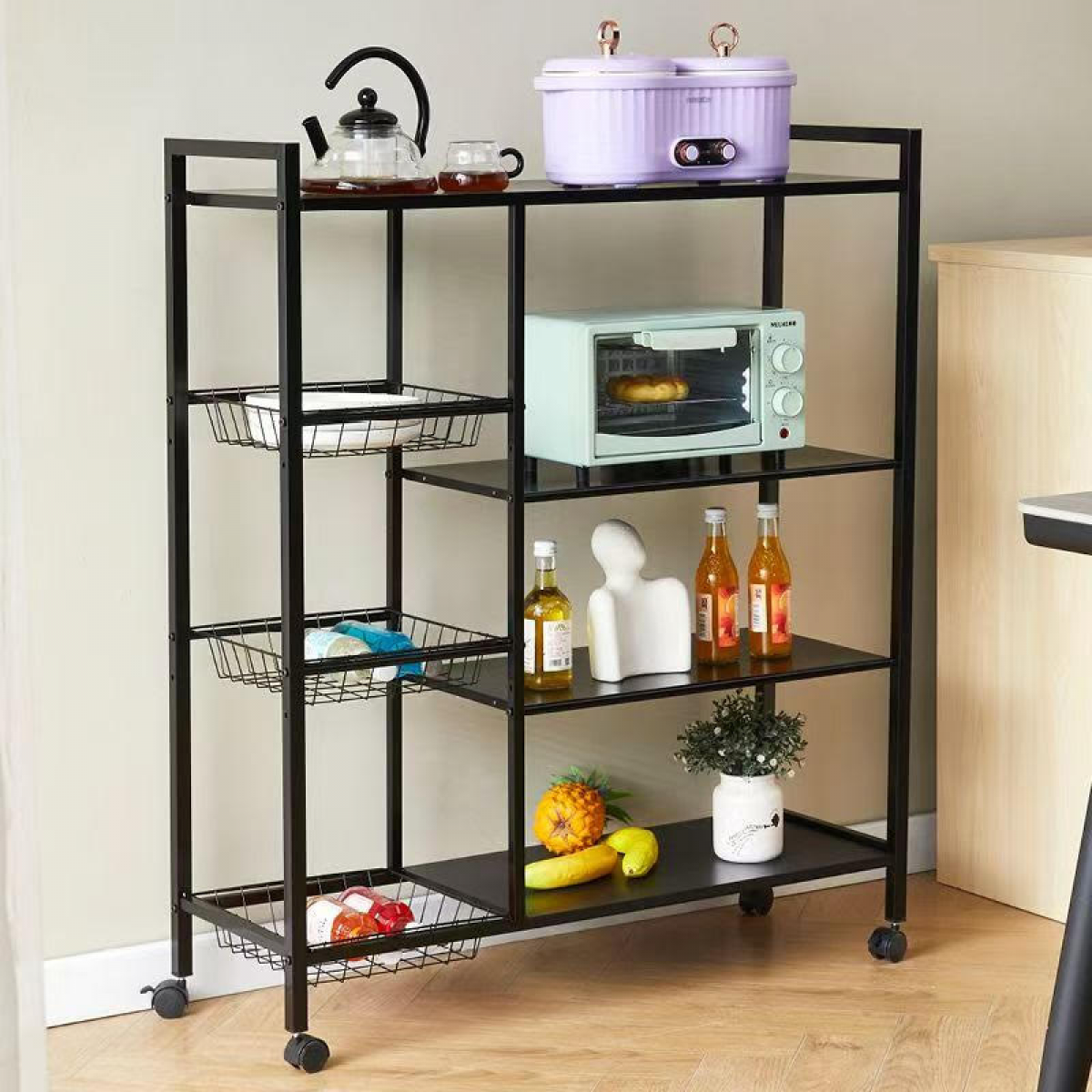 Raft metalic cu 4 polite, 108 cm, Negru - imagine 3