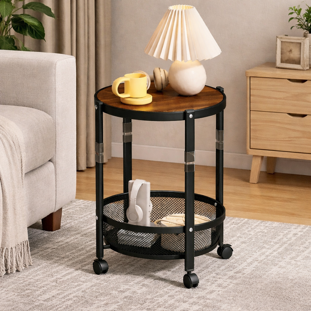 Masa pliabila cu roti si raft metalic, blat rotund, 38 x 52 cm - imagine 2