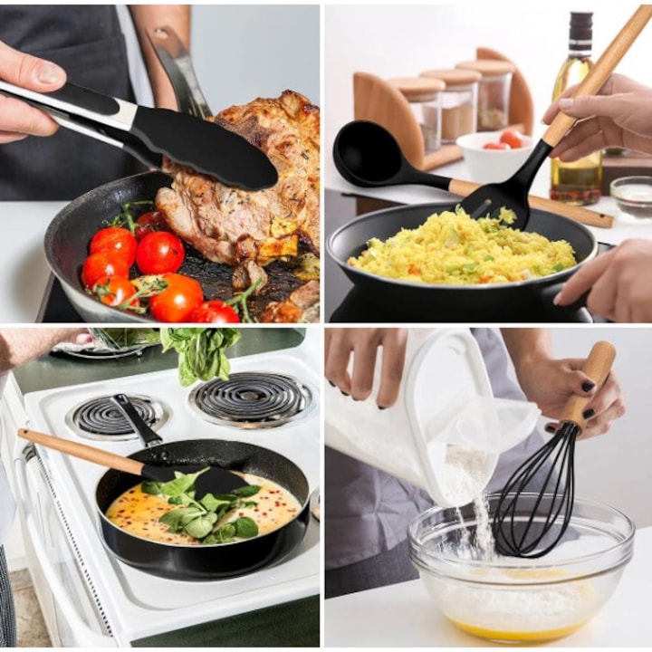 Set 12 ustensile din silicon, pentru gatit - Negru - imagine 2