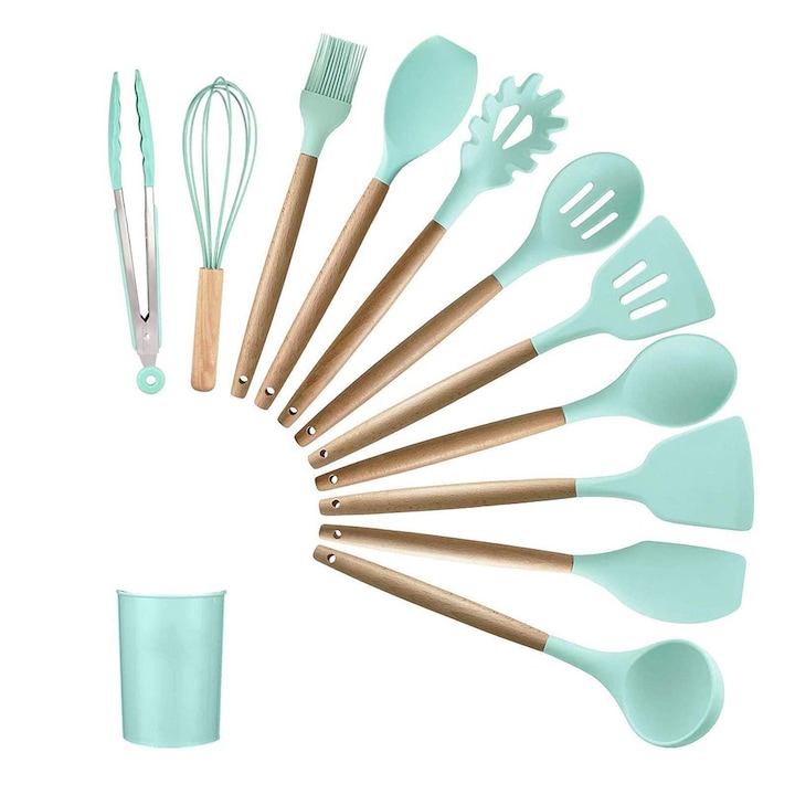 Set 12 ustensile din silicon, pentru gatit - Verde - imagine 2