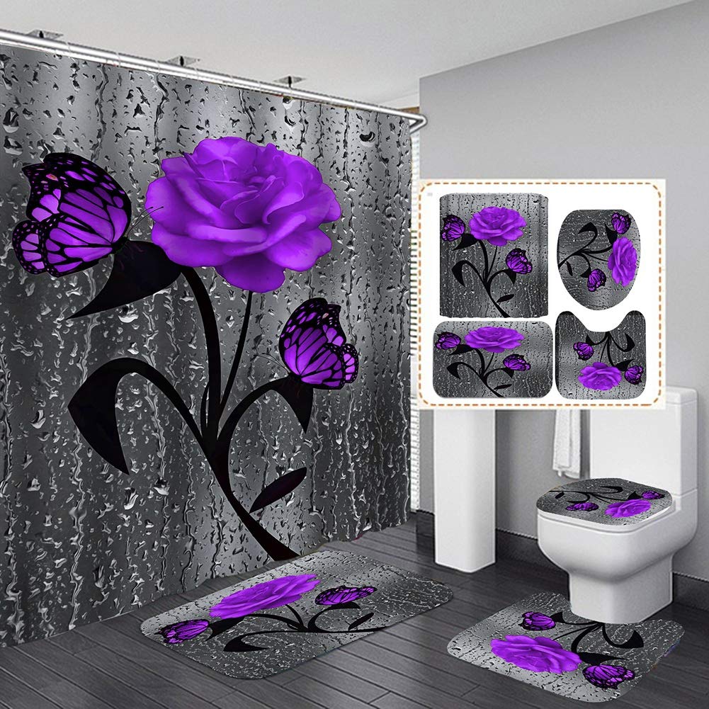 Set baie 4 piese: perdea, covorase si husa de toaleta, Purple Rose - 1 | YEO