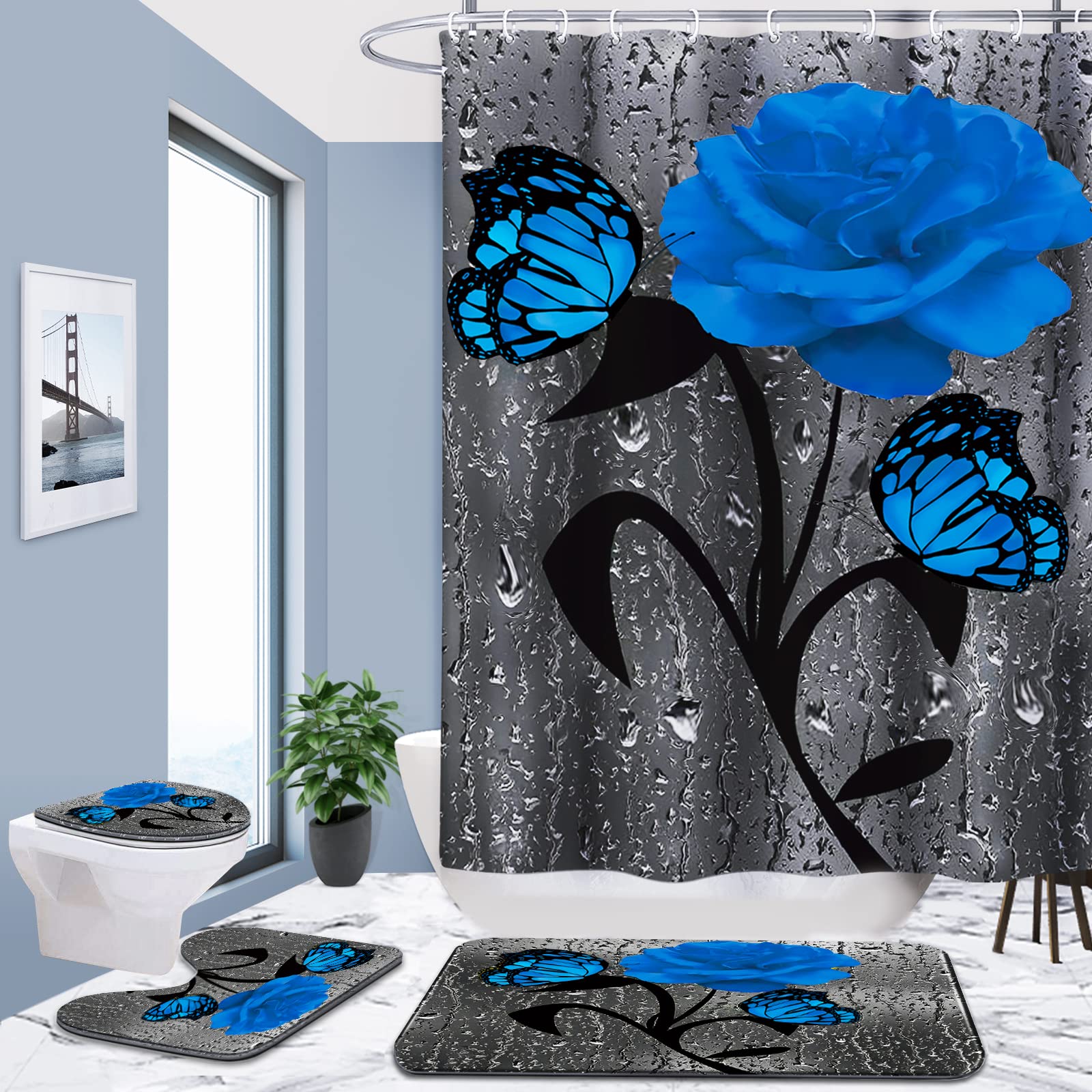 Set baie 4 piese: perdea, covorase si husa de toaleta, Dark Blue Rose - 2 | YEO