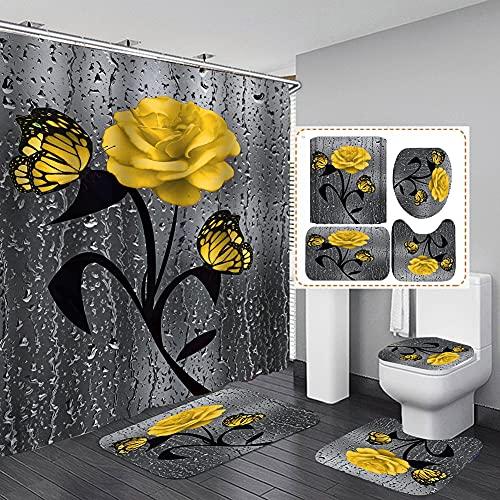 Set baie 4 piese: perdea, covorase si husa de toaleta, Yellow Rose - 1 | YEO