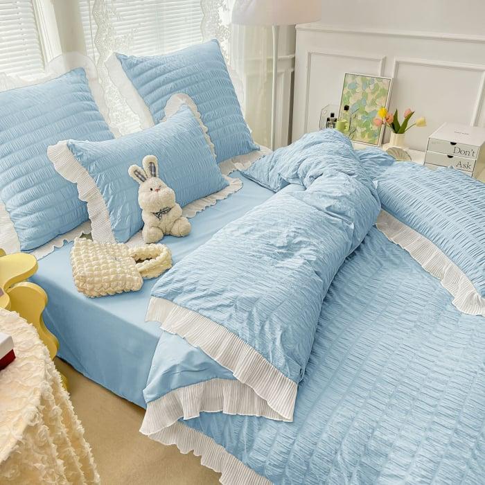 Lenjerie de pat dublu, 6 piese, vintage, bleu