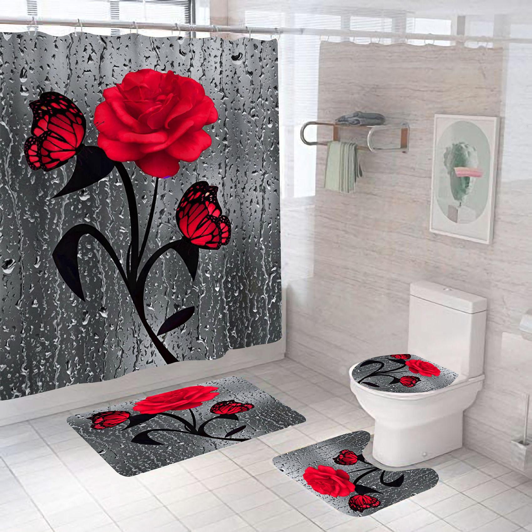 Set baie 4 piese: perdea, covorase si husa de toaleta, red rose