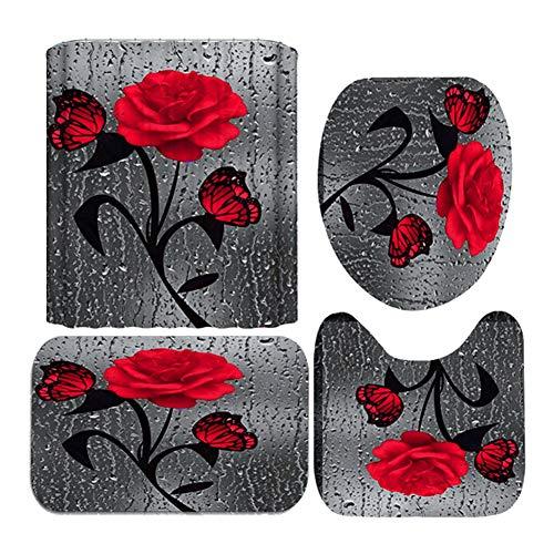 Set baie 4 piese: perdea, covorase si husa de toaleta, Red Rose - 1 | YEO