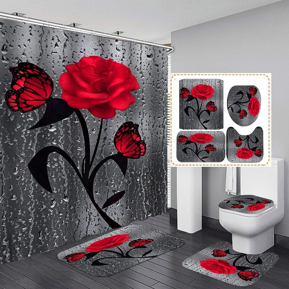 Set baie 4 piese: perdea, covorase si husa de toaleta, Red Rose - 2 | YEO