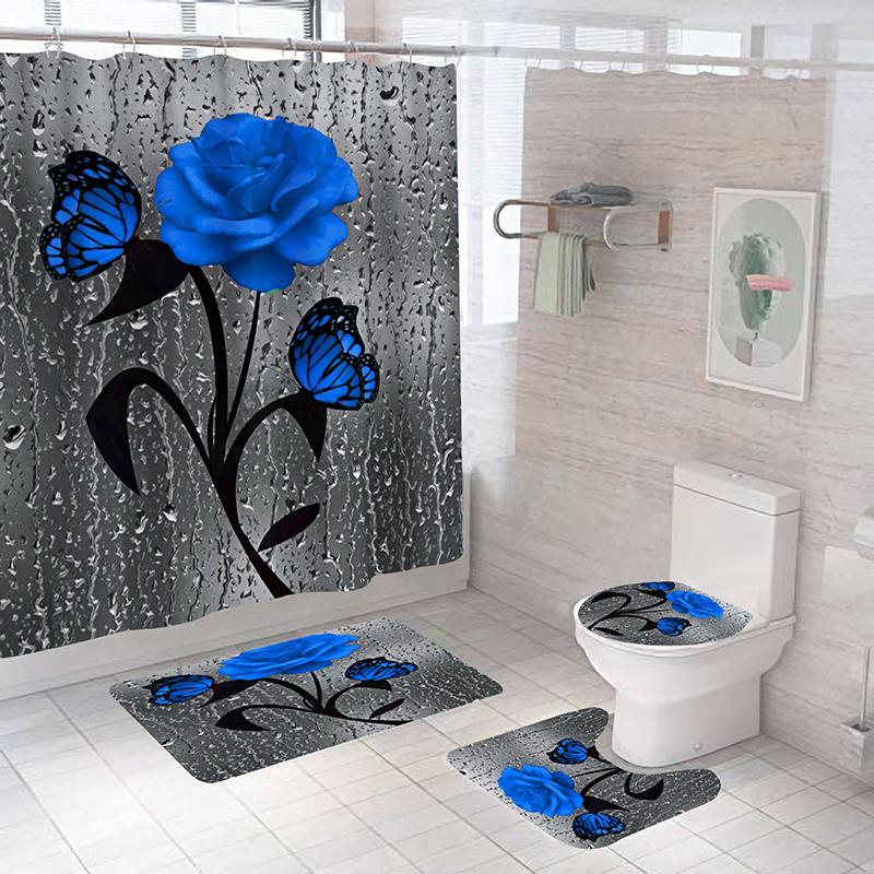 Set dus baie 4 piese: perdea, covorase si husa de toaleta, Dark Blue Rose - 1 | YEO