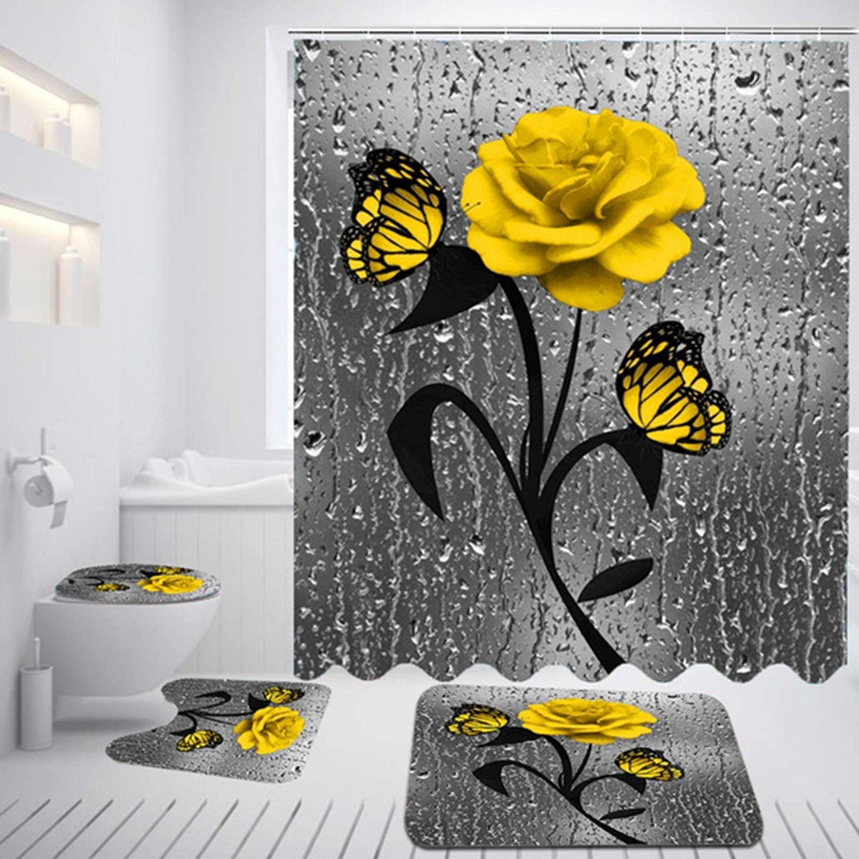 Set dus baie 4 piese: perdea, covorase si husa de toaleta, Yellow Rose