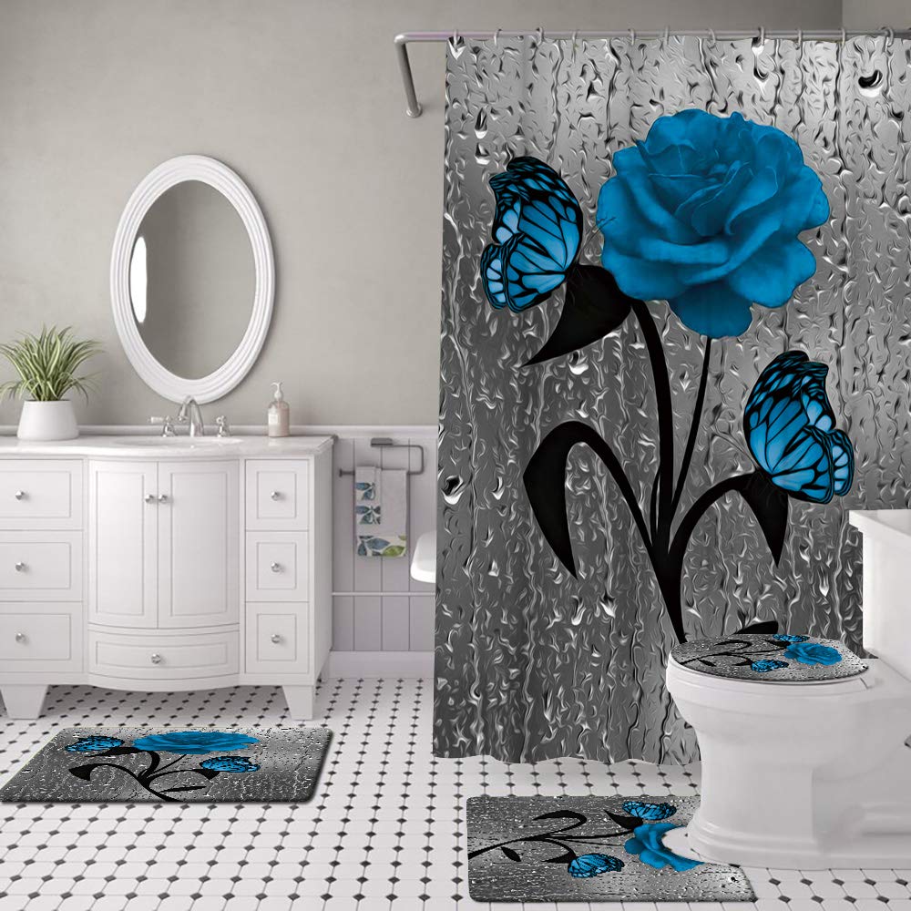 Set dus baie 4 piese: perdea, covorase si husa toaleta, Dark Blue Rose