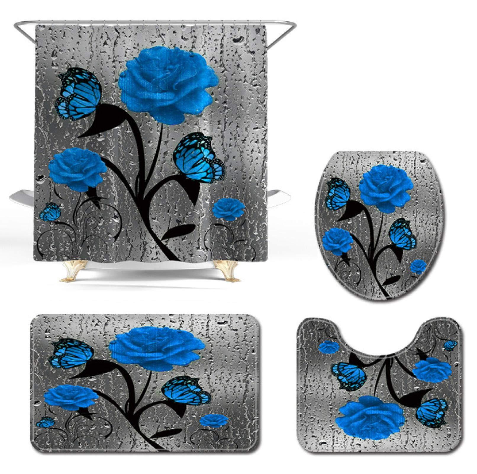 Set dus baie 4 piese: perdea, covorase si husa toaleta, Dark Blue Rose - 1 | YEO